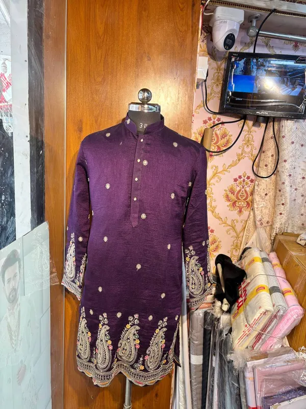 Purple_Cotton_Paisley_Embroidered_Straight_Kurta_For_Men