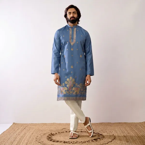 Blue_Cotton_Embellished_Straight_Kurta_For_Men
