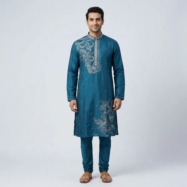 Blue_Cotton_Embroidered_Straight_Kurta_For_Men