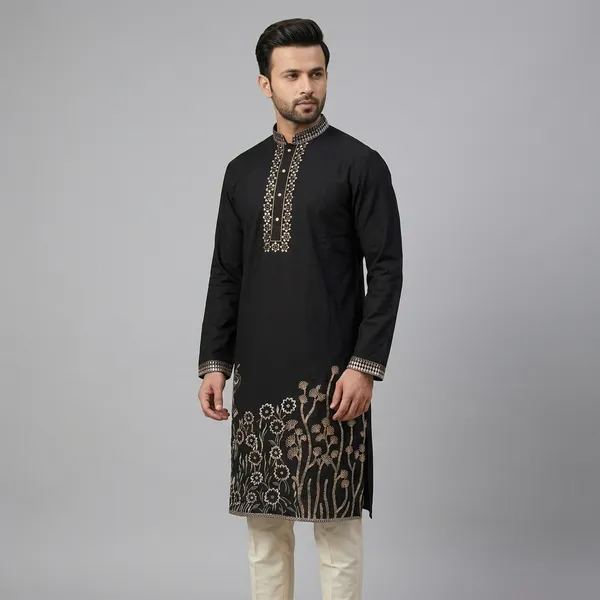 Black_Cotton_Embroidered_Straight_Kurta_For_Men