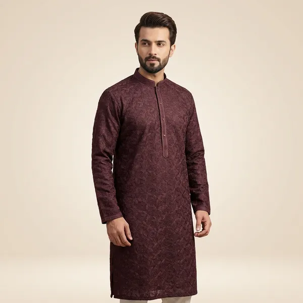 Maroon_Cotton_Patterned_Straight_Kurta_For_Men