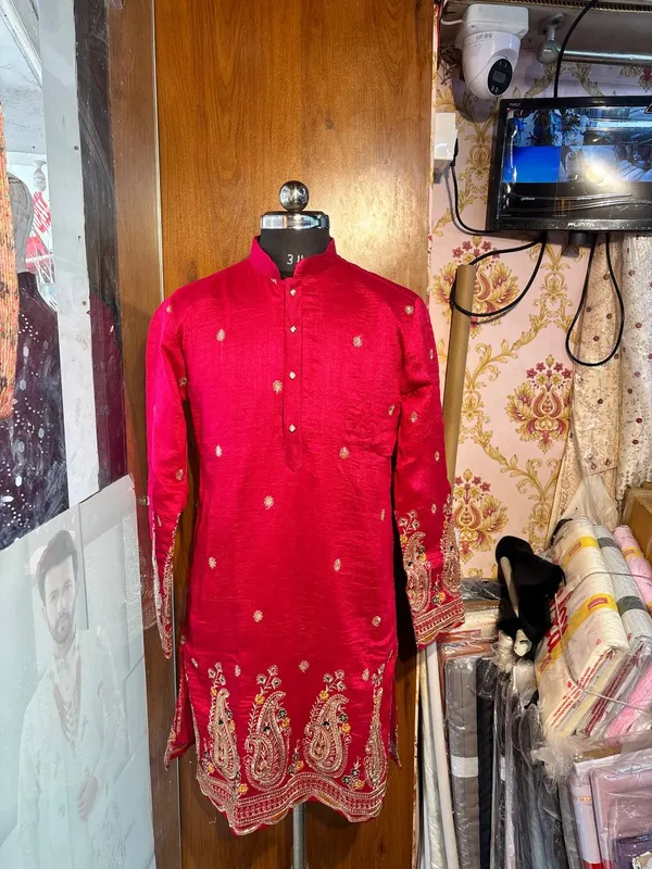 Red_Cotton_Textured_Embroidered_Straight_Kurta_For_Men