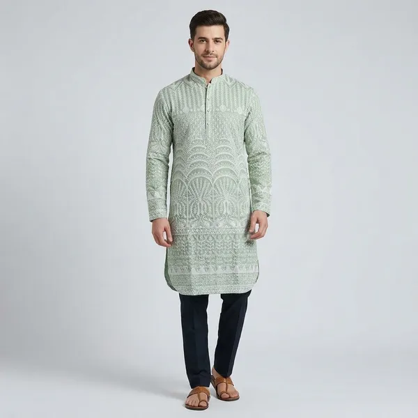 Sage_Green_Cotton_All-Over_Embroidered_Straight_Kurta_For_Men