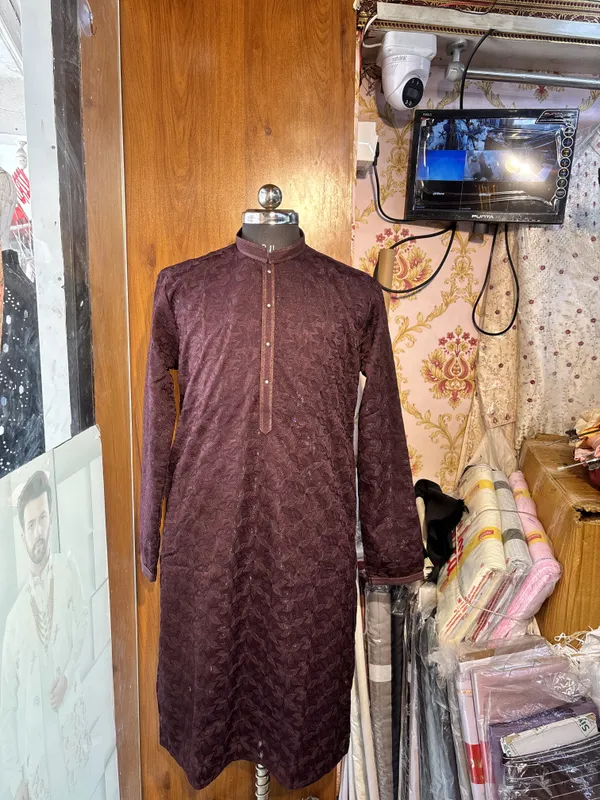 Maroon_Cotton_Patterned_Straight_Kurta_For_Men