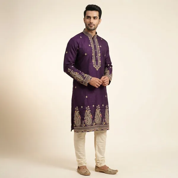 Purple_Cotton_Paisley_Embroidered_Straight_Kurta_For_Men