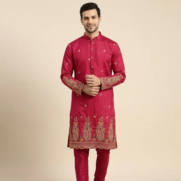 Red_Cotton_Textured_Embroidered_Straight_Kurta_For_Men