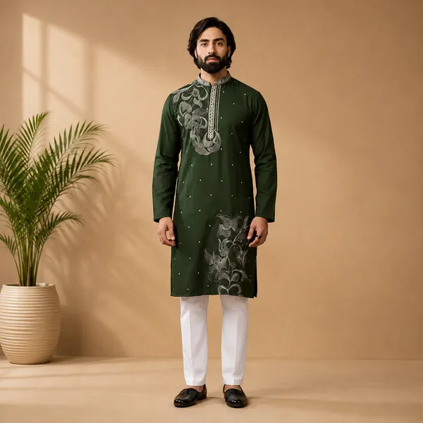Green_Cotton_Embroidered_Straight_Kurta_For_Men