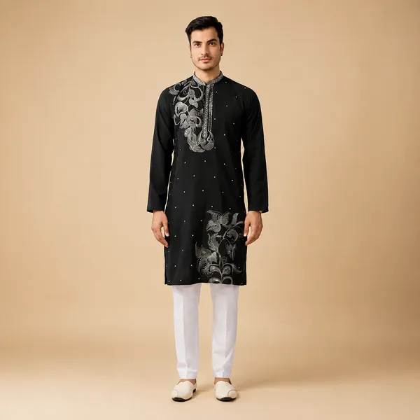 Black_Cotton_Embroidered_Straight_Kurta_For_Men