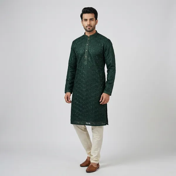 Dark_Green_Cotton_Textured_Straight_Kurta_For_Men