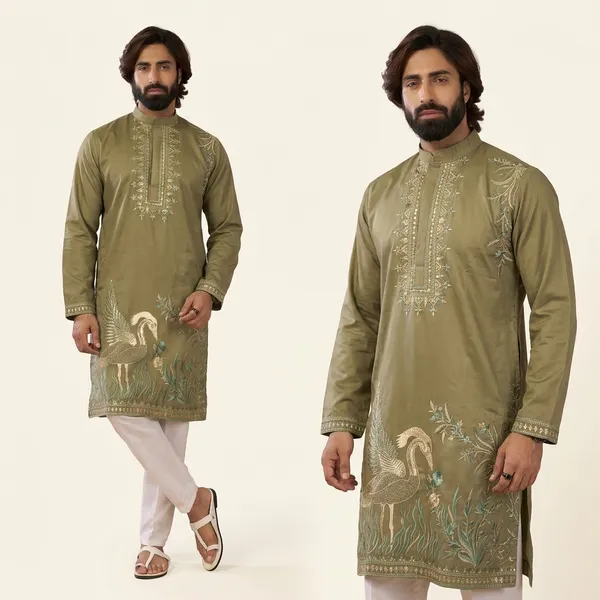 Olive_Cotton_Embroidered_Straight_Kurta_For_Men