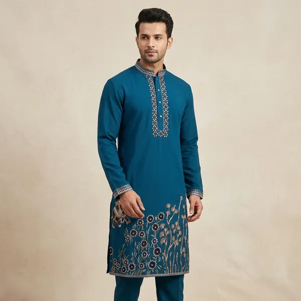 Blue_Cotton_Embroidered_Straight_Kurta_For_Men