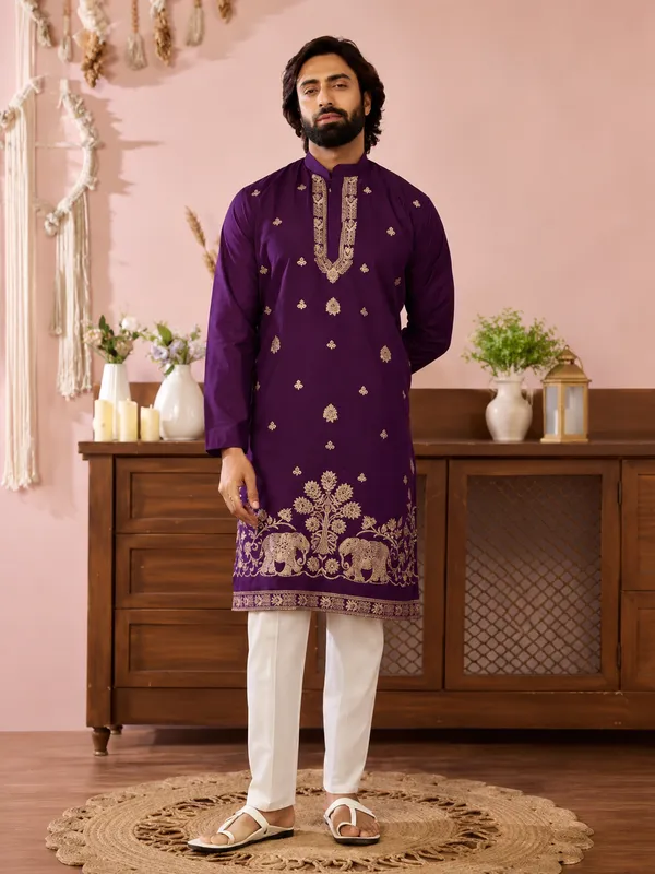 Purple_Cotton_Embroidered_Straight_Kurta_For_Men