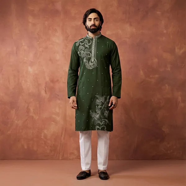 Green_Cotton_Embroidered_Straight_Kurta_For_Men
