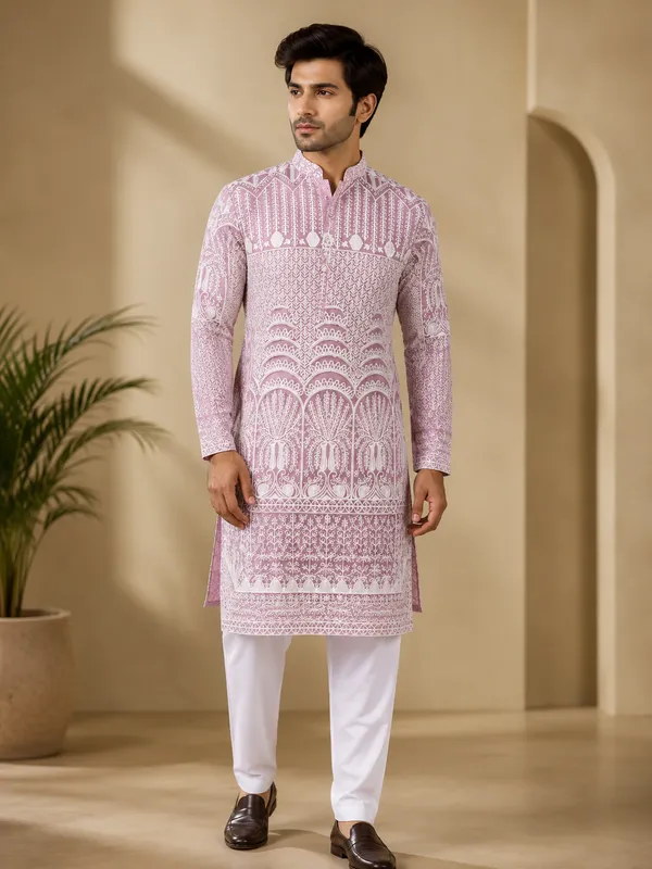 Pink_Cotton_Printed_Straight_Kurta_For_Men