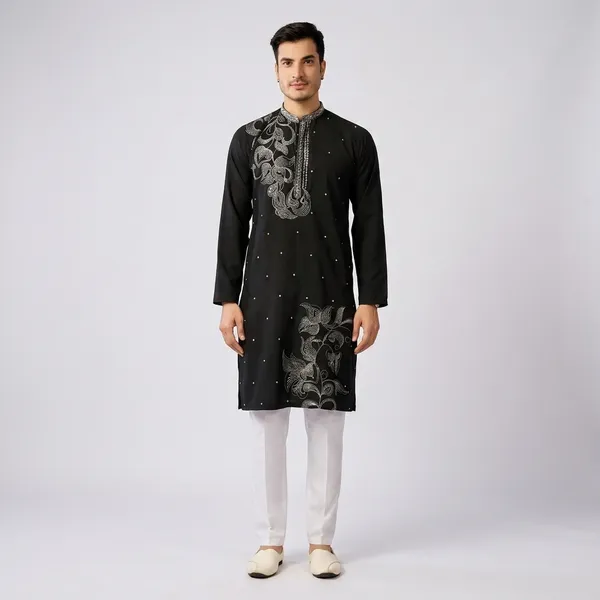 Black_Cotton_Embroidered_Straight_Kurta_For_Men