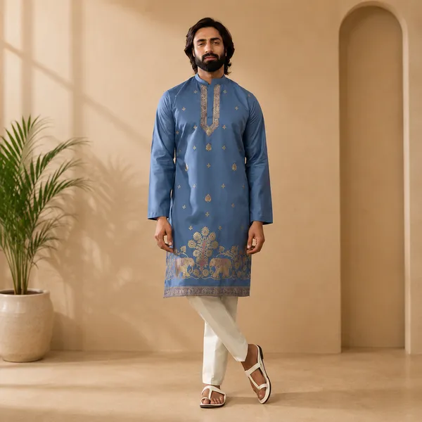 Blue_Cotton_Embellished_Straight_Kurta_For_Men