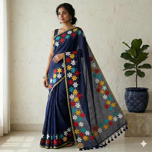 Navy_Clarissa_Saffron_Cotton_Silk_Saree_For_Women