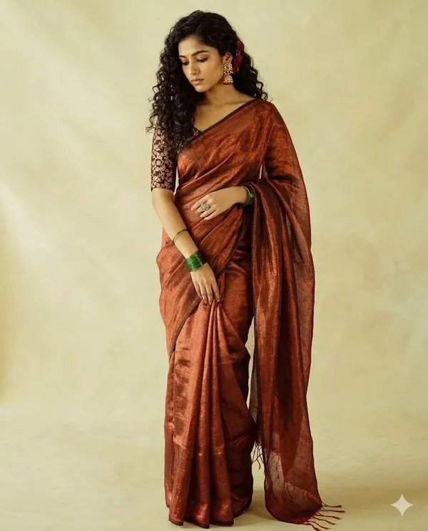 Brown_Currer_Fire_Linen_Tissue_Saree_For_Women