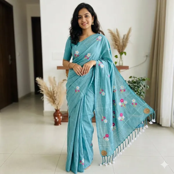 Cerulean_Blue_Wordsworth_Daffodil_Khadi_Cotton_Saree_For_Women