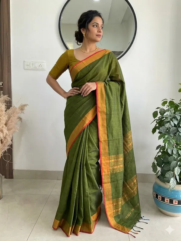 Dark_Green_Manderley_Moss_Cotton_Saree_For_Women