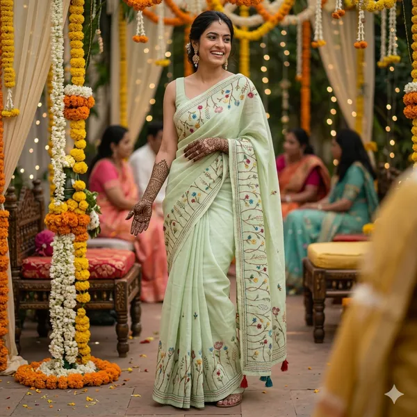 Light_Green_Secret_Garden_Linen_Handwork_Handpaint_Saree_For_Women