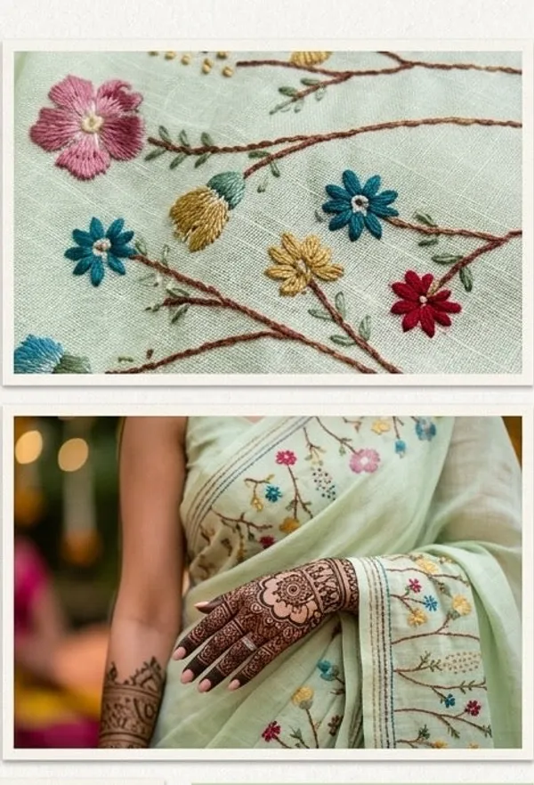 Light_Green_Secret_Garden_Linen_Handwork_Handpaint_Saree_For_Women