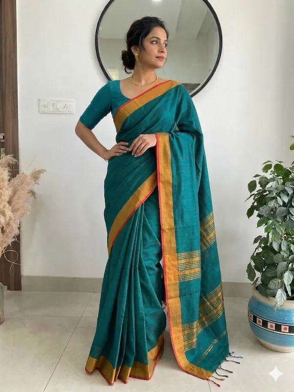 Teal_Blue_Manderley_Moss_Cotton_Saree_For_Women