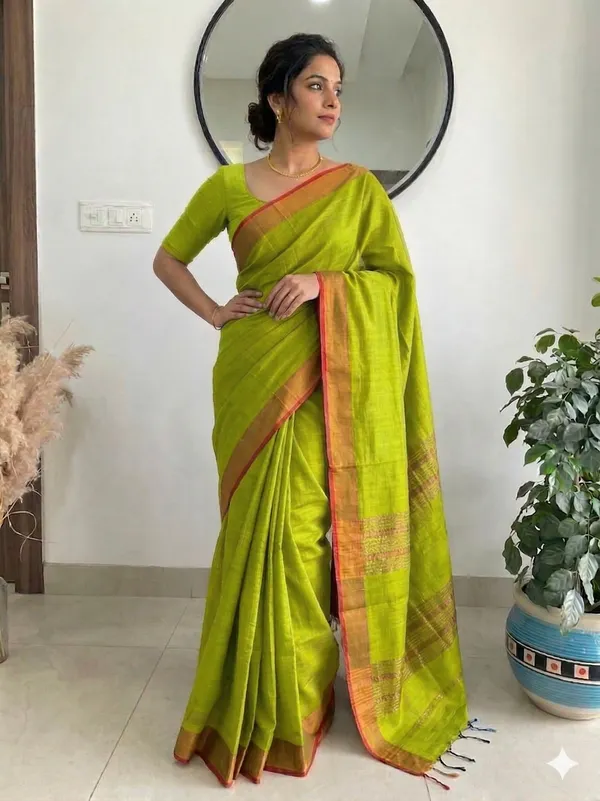 Lime_Green_Manderley_Moss_Cotton_Saree_For_Women
