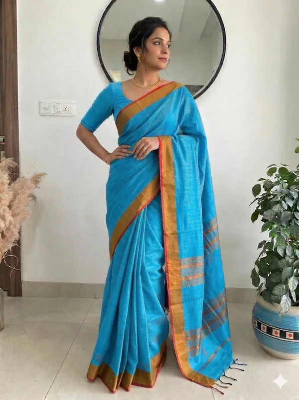 Sky_Blue_Manderley_Moss_Cotton_Saree_For_Women