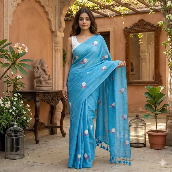 Sky_Blue_Wordsworth_Daffodil_Khadi_Cotton_Saree_For_Women
