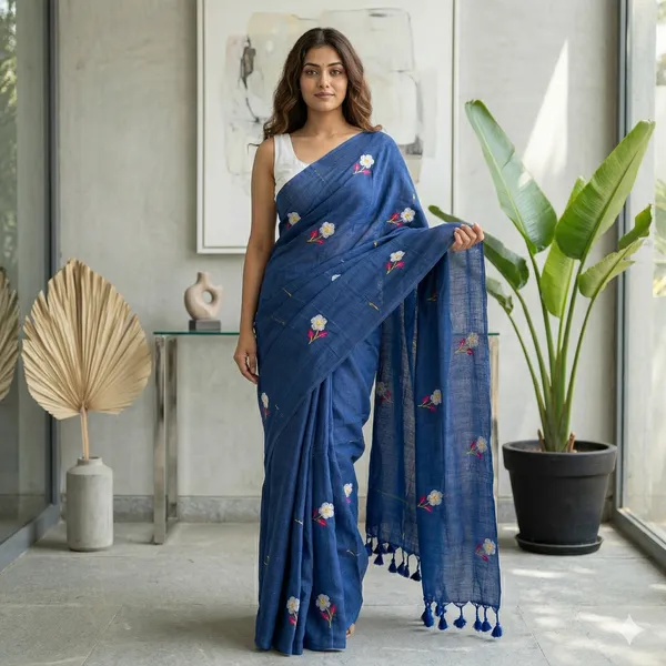 Blue_Wordsworth_Daffodil_khadi_Cotton_Saree_For_Women