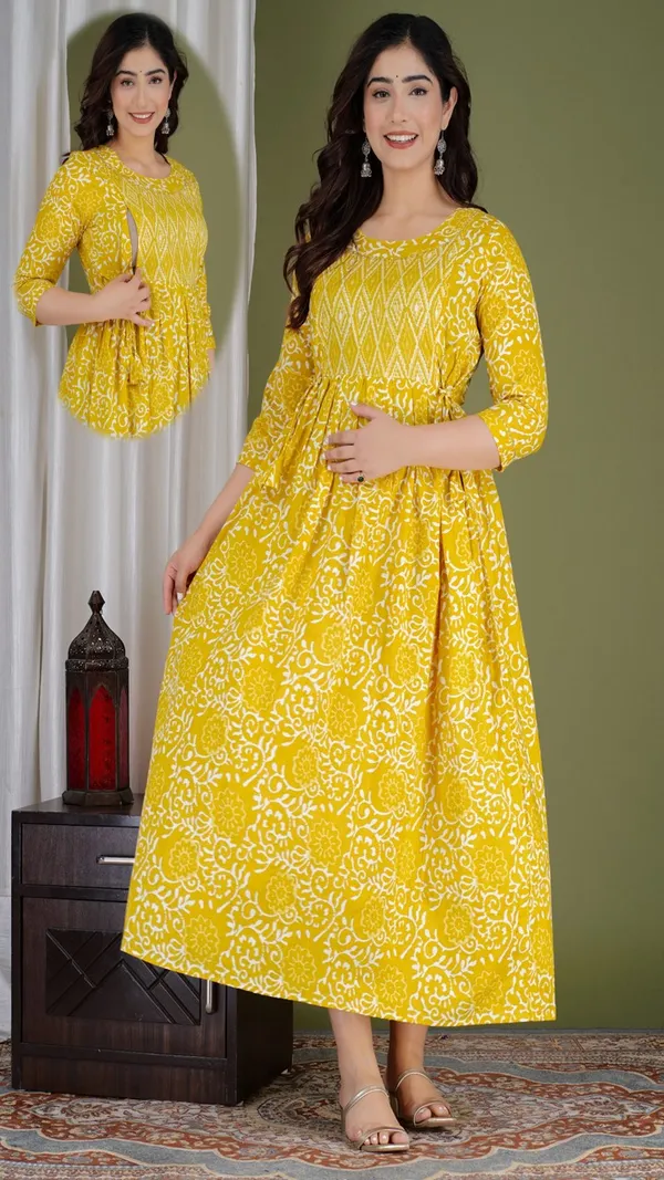 Yellow_Floral_Printed_A_Line_Maternity_Maxi_Dress_For_Women