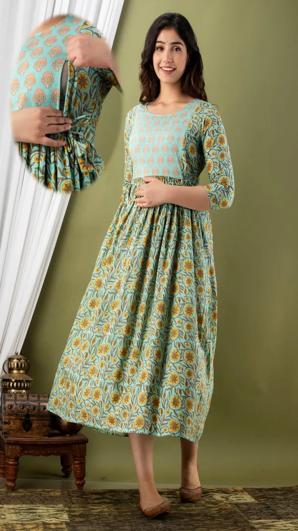Turquoise_And_Yellow_Floral_Print_Cotton_Gathered_Maternity_Dress_With_3/4_Sleeves
