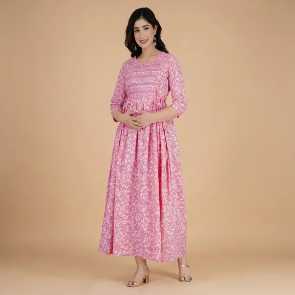 Pink_Floral_Printed_Cotton_Maternity_Dress_With_Gathered_Waist_And_Three_Quarter_Sleeves