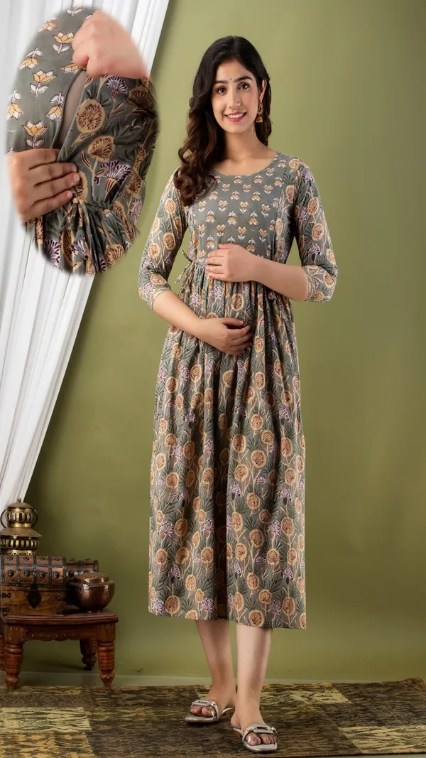Grey_Floral_Printed_Maternity_Dress_With_Gathered_Waist