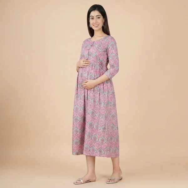 Pink_Floral_Print_A_Line_Maternity_Midi_Dress_With_Three_Quarter_Sleeves