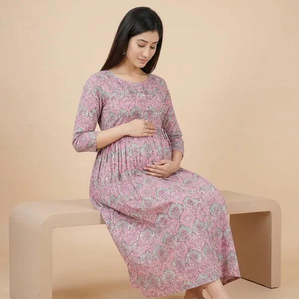 Pink_Floral_Print_A_Line_Maternity_Midi_Dress_With_Three_Quarter_Sleeves
