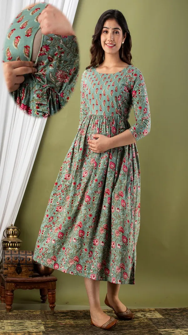 Green_Floral_Print_Gathered_Maternity_Dress_With_3/4_Sleeves
