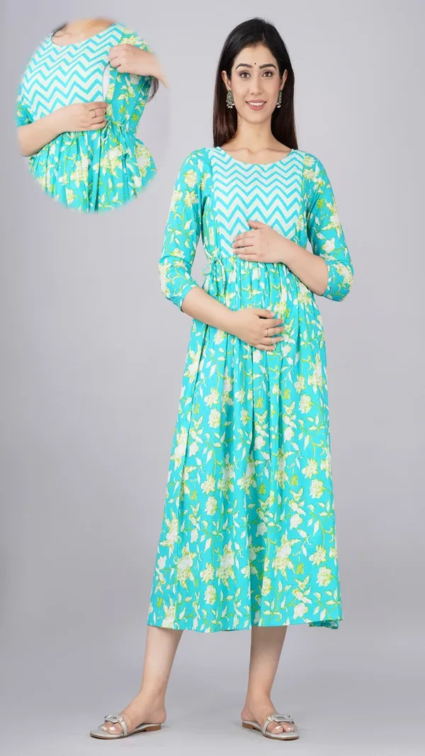 Turquoise_Blue_Floral_Print_Maternity_Dress_With_Chevron_Yoke_And_Adjustable_Waist