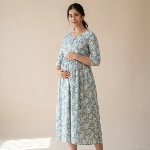 Floral_Print_Maternity_Midi_Dress_With_3/4_Sleeves