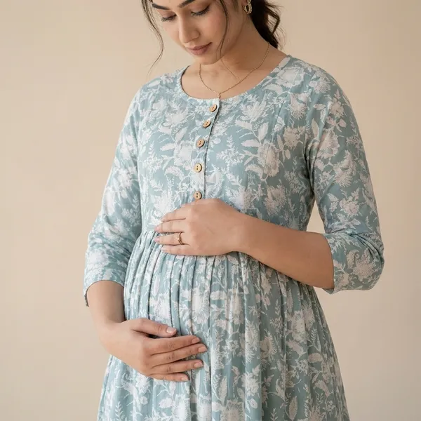 Floral_Print_Maternity_Midi_Dress_With_3/4_Sleeves