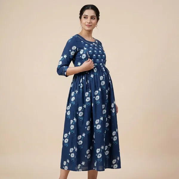 Navy_Blue_Floral_Print_Maternity_Dress_With_Drawstring_Waist