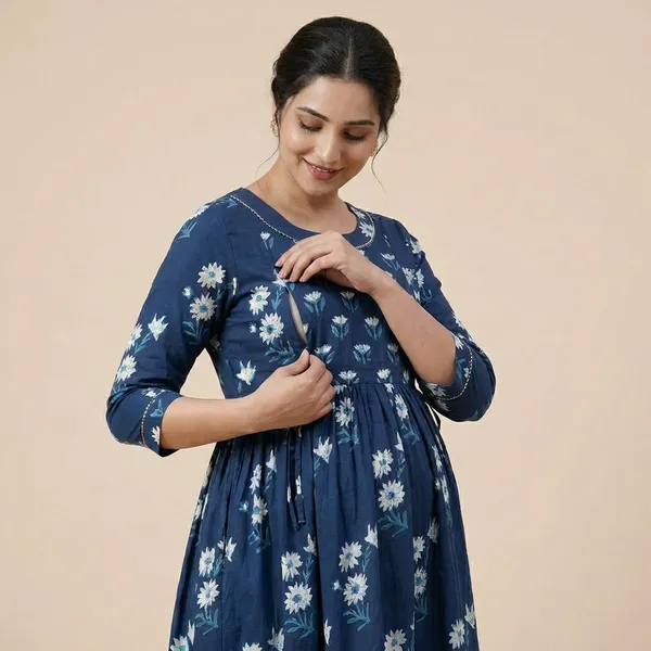 Navy_Blue_Floral_Print_Maternity_Dress_With_Drawstring_Waist