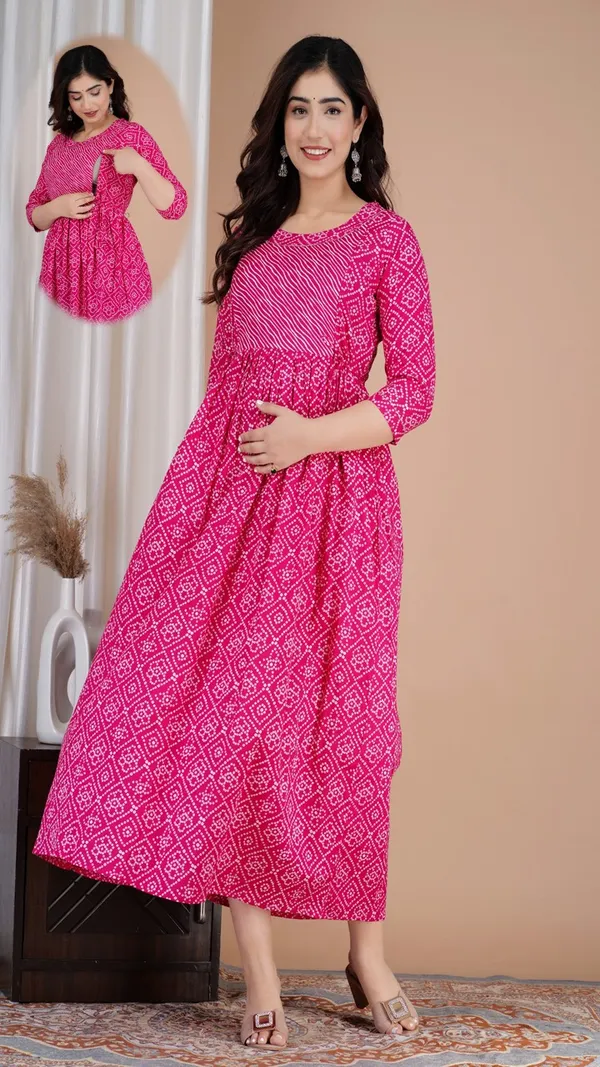 Womens_Pink_Bandhani_Print_A_Line_Maternity_Dress_With_3/4_Sleeves