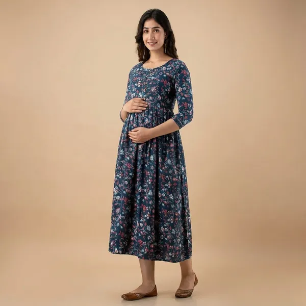 Navy_Blue_Floral_Print_Long_Sleeve_Maternity_Dress