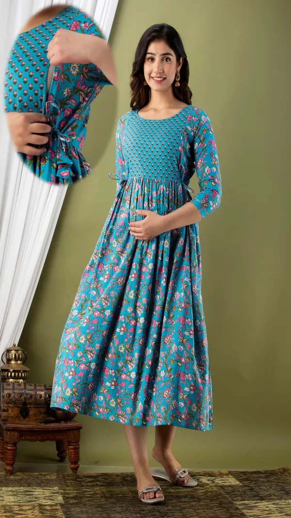 Turquoise_Floral_Print_Gathered_Maternity_Dress_With_Three_Quarter_Sleeves