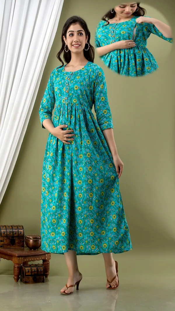 Turquoise_Floral_Print_Gathered_Maternity_Maxi_Dress_With_3/4_Sleeves