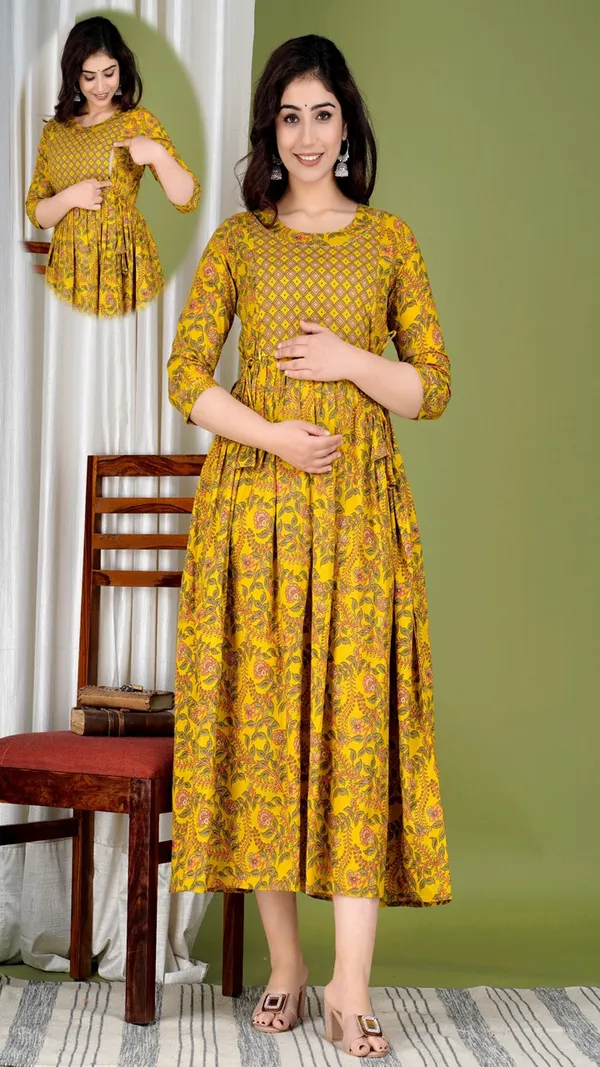 Mustard_Yellow_Printed_Fit_And_Flare_Maternity_Dress_With_Smocked_Bodice