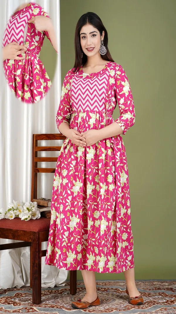 Pink_Floral_Chevron_Print_A_Line_Maternity_Dress_With_3/4_Sleeves