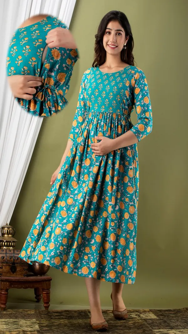 Turquoise_Blue_Floral_Printed_Maternity_Dress_With_Gathered_Waist_And_Full_Sleeves
